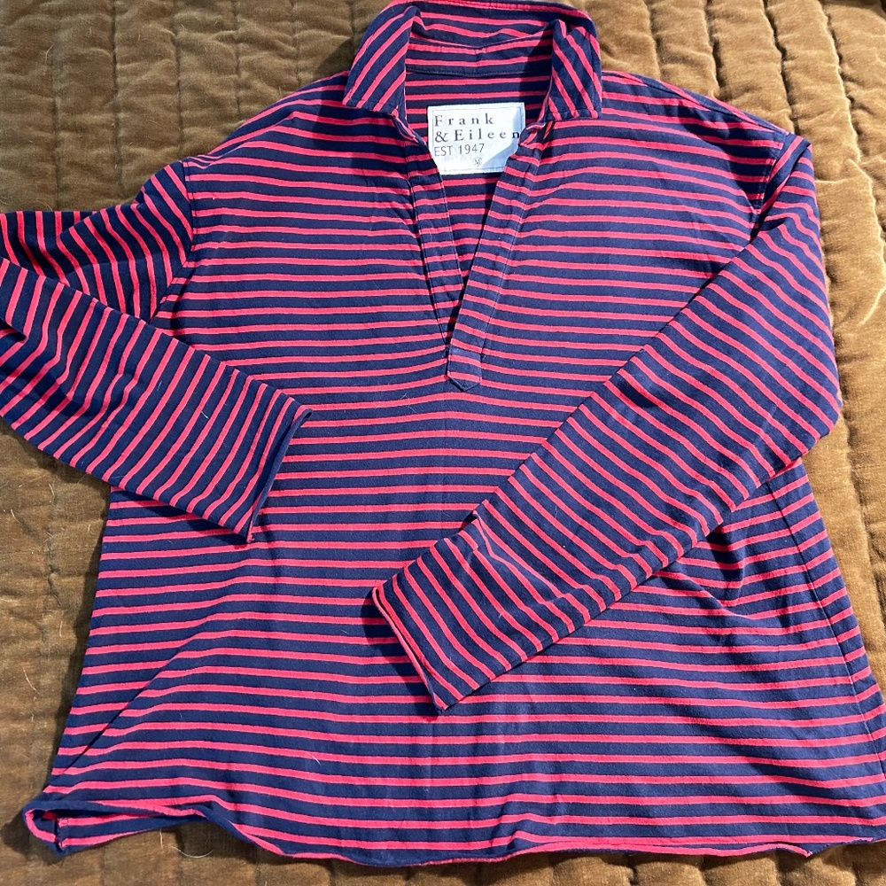 Size M, navy and blue top made by Frank and Eileen